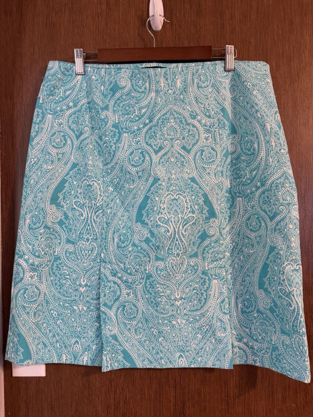 Talbots Womens sz 14 Aqua teal Blue Paisley Knee length skirt pleated front zip